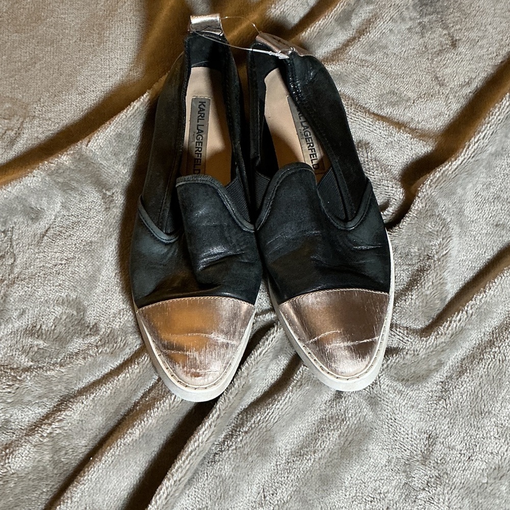 Karl Lagerfeld Black Slip-Ons with Silver Toe Caps